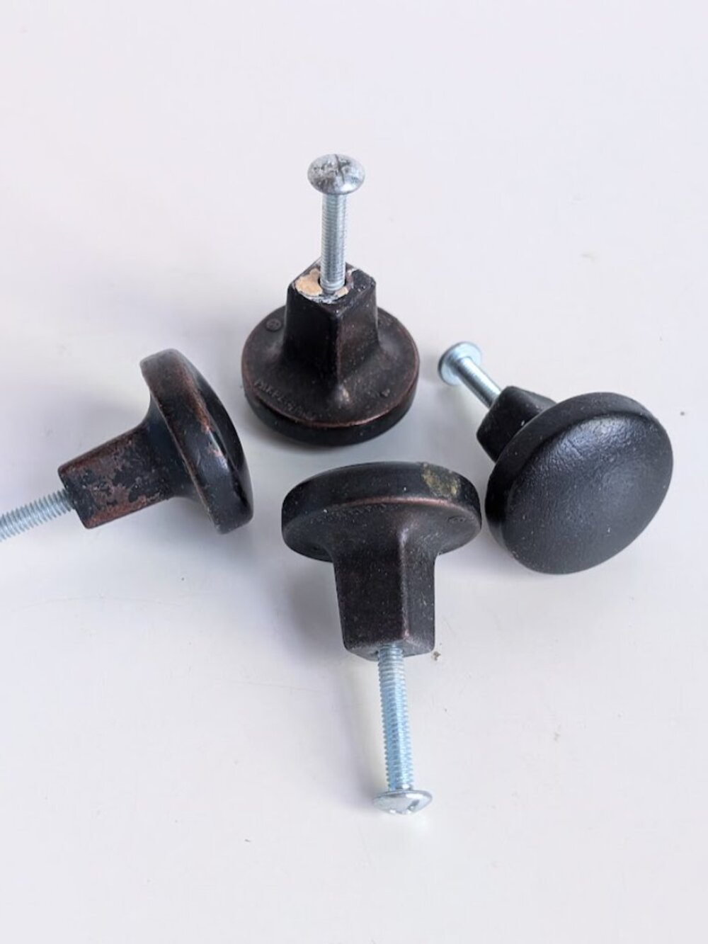 Lot of 4 Vintage Bronze Patina Finish Round Cabinet Knobs Drawer Pulls Marked